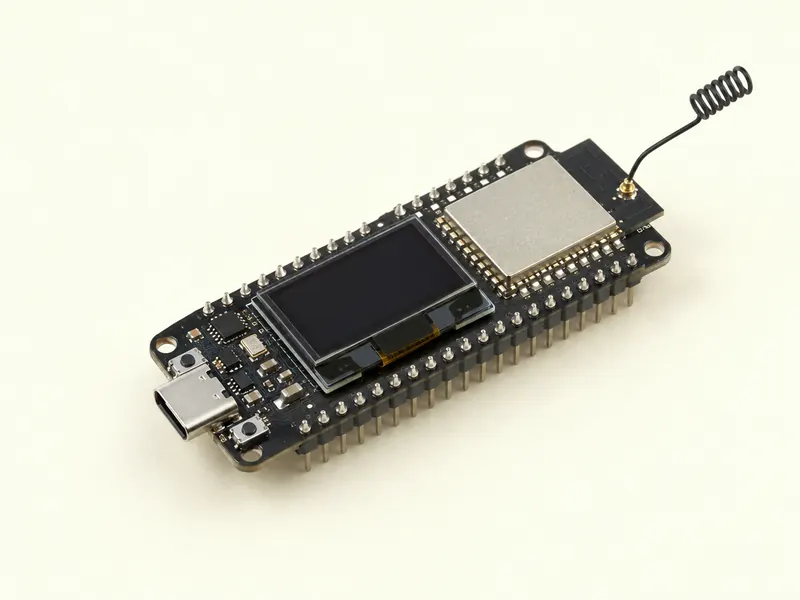 Small electronics board with a tiny display and a coil antenna