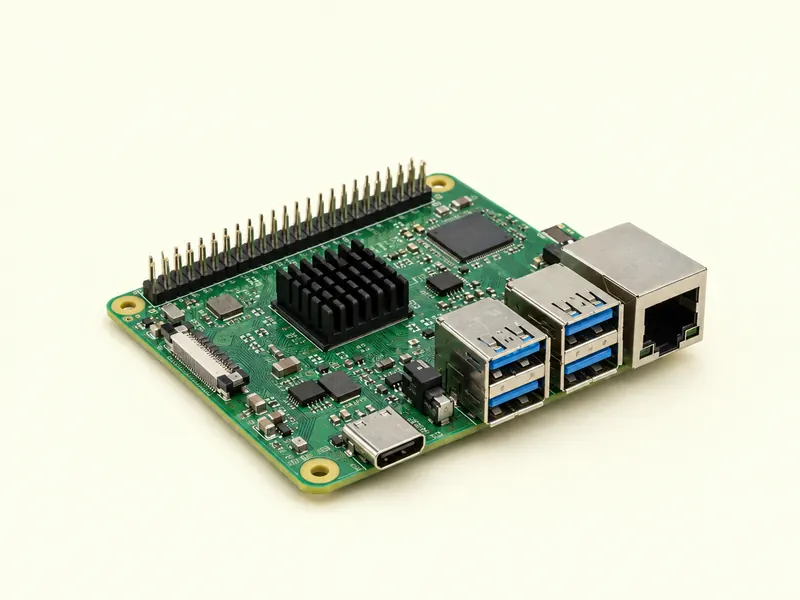 Green single-board computer with USB and network ports