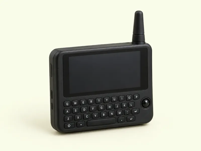 Black handheld device with a colour screen, a small keyboard and a short antenna