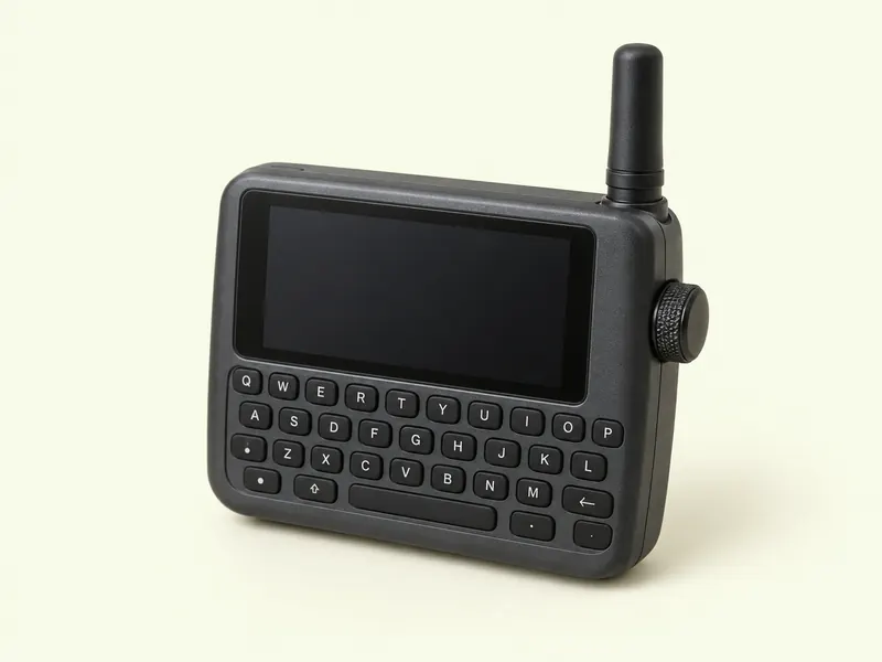 Pager-shaped device with a landscape screen, a keyboard and a side wheel